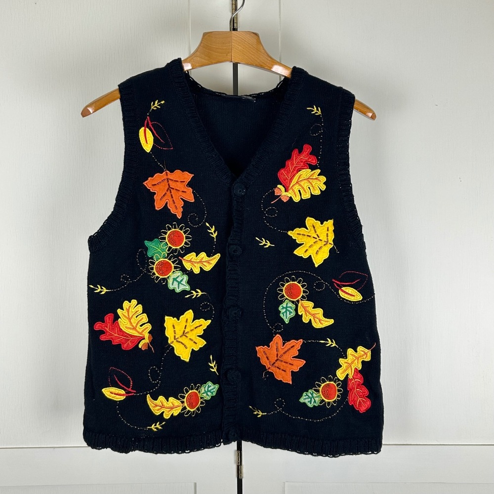 Vintage Holiday Editions Sweater Vest 1X Ramie Cotton Autumn Leaf Embroidered